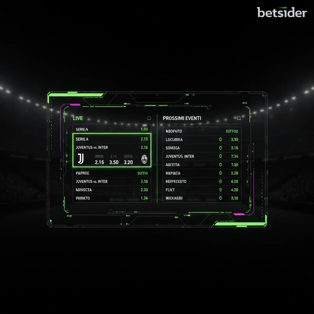 Interfaccia delle scommesse sportive di Betsider con un elenco di partite di calcio e le relative quote live.
