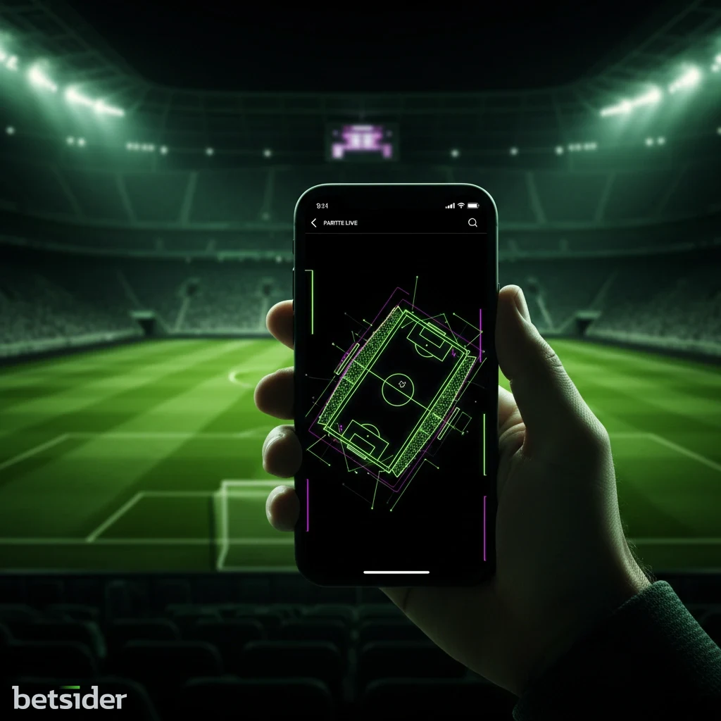 Smartphone con un'app di scommesse sportive davanti a uno stadio illuminato.